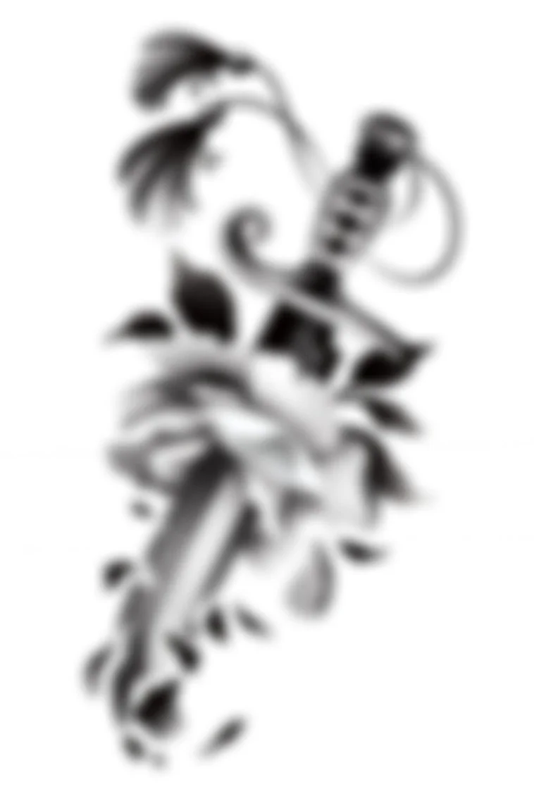 A black and white illustration of a dagger going through a rose flower with japanese motifs and pompoms