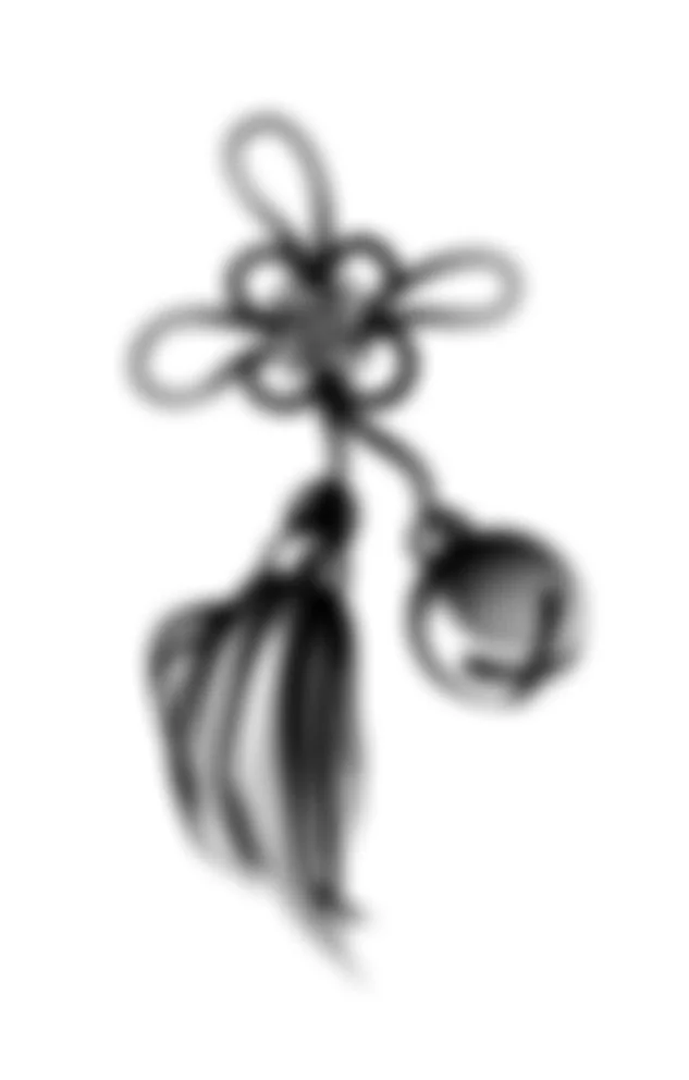 Blurred image of a decorative charm with a flower-shaped top, a circular bell, and a feather hanging from it.