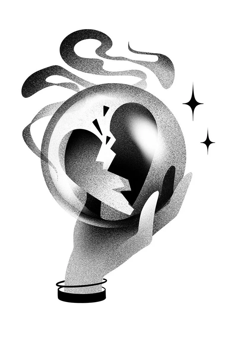 A hand holding a crystal ball reflecting a broken heart, with smoke swirling above and two stars to the side.