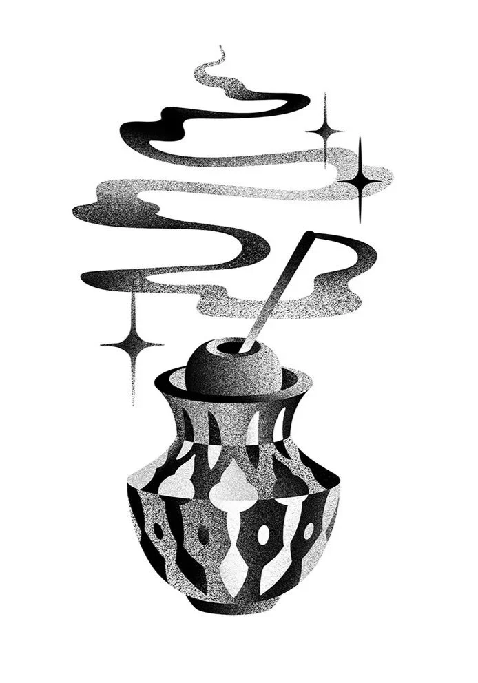 Black and white illustration of a smoking incense with swirling smoke and stars