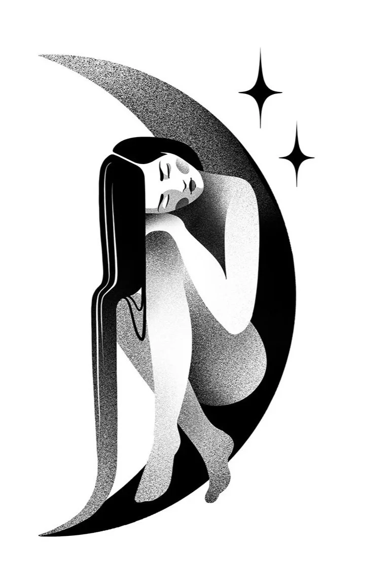 A black and white artistic illustration of a woman with long hair, sitting with her eyes closed, surrounded by a large crescent moon and two stars.
