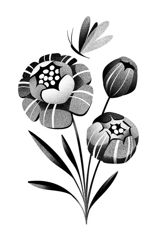 Black and white illustration of three flowers with leaves and a butterfly.