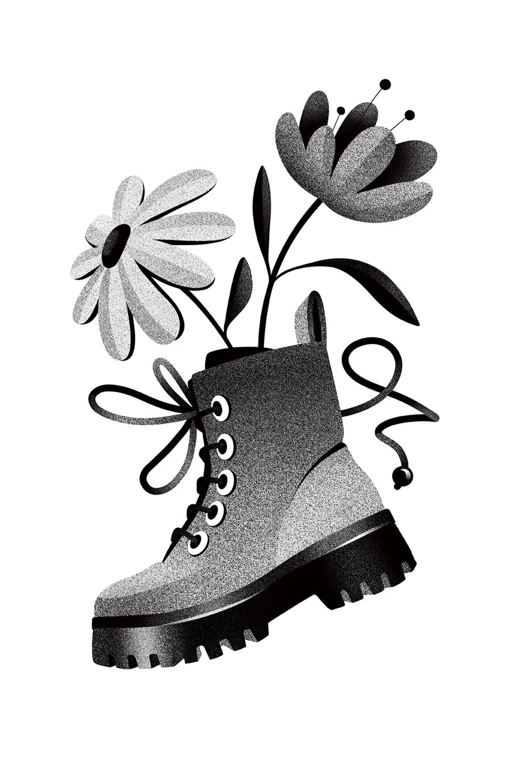 A black and white illustration of a combat boot with flowers growing out of it.