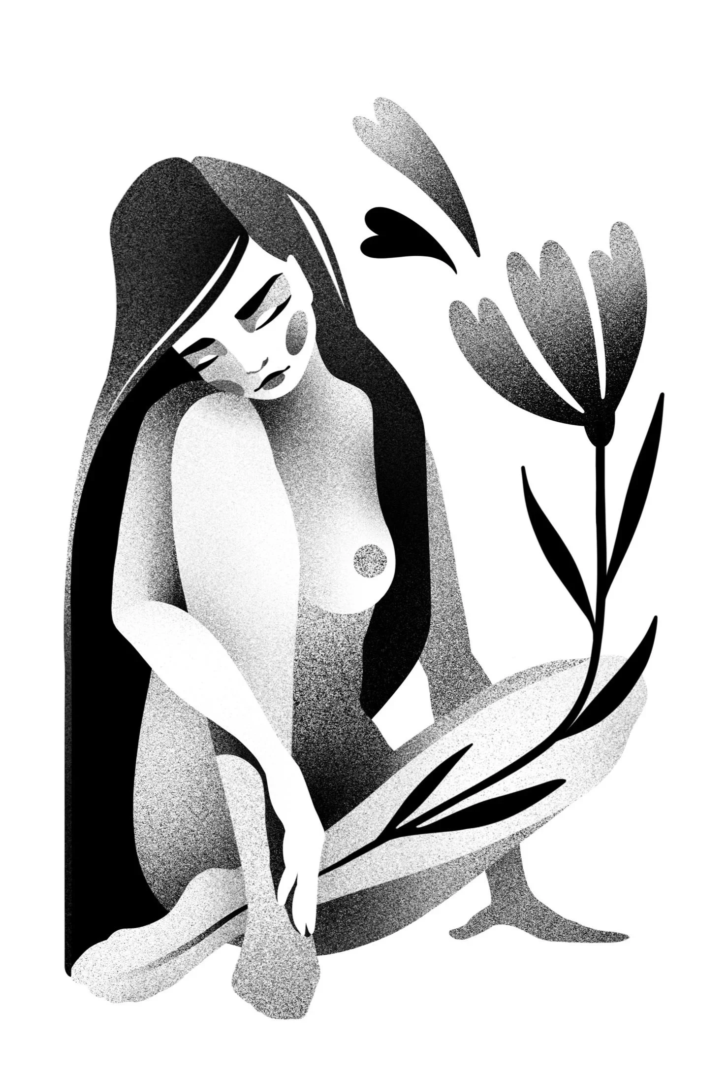 Black and white illustration of a nude woman sitting with her head resting on her hand, accompanied by a large flower and foliage.