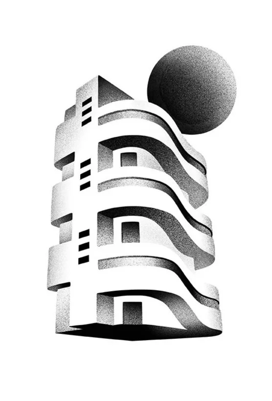 Black and white abstract illustration of a modern building with curved balconies and a large sphere in the background.
