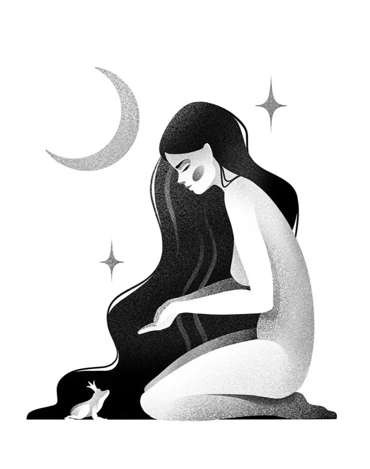 A grayscale illustration of a woman with long hair sitting and looking at a small frog, with celestial elements like a crescent moon and stars in the background.