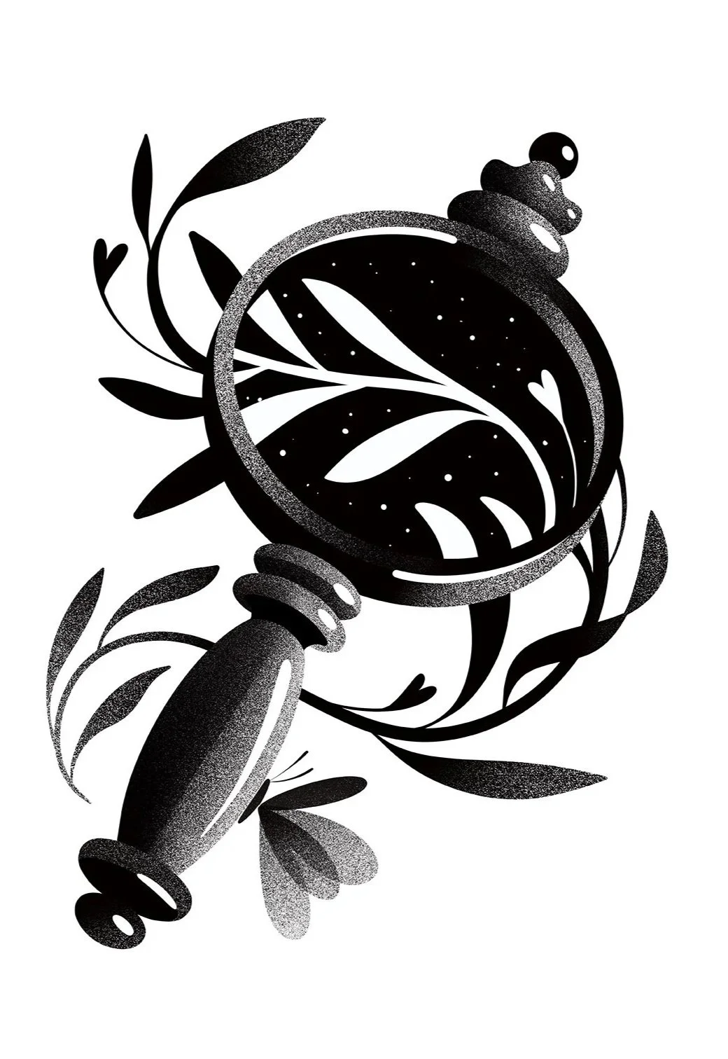 Black and white illustration of a magnifying glass with plant leaves inside, surrounded by more plant leaves.