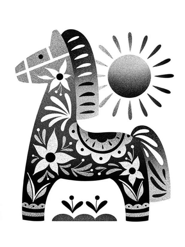 Black and white decorative illustration of a stylized horse surrounded by floral patterns and a sun in the background.
