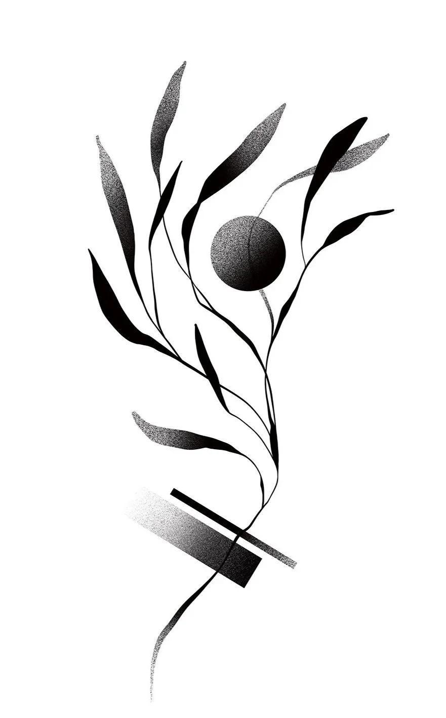 Abstract black and white illustration of a plant with elongated leaves and a round fruit or berry, with geometric overlapping shapes at the bottom.