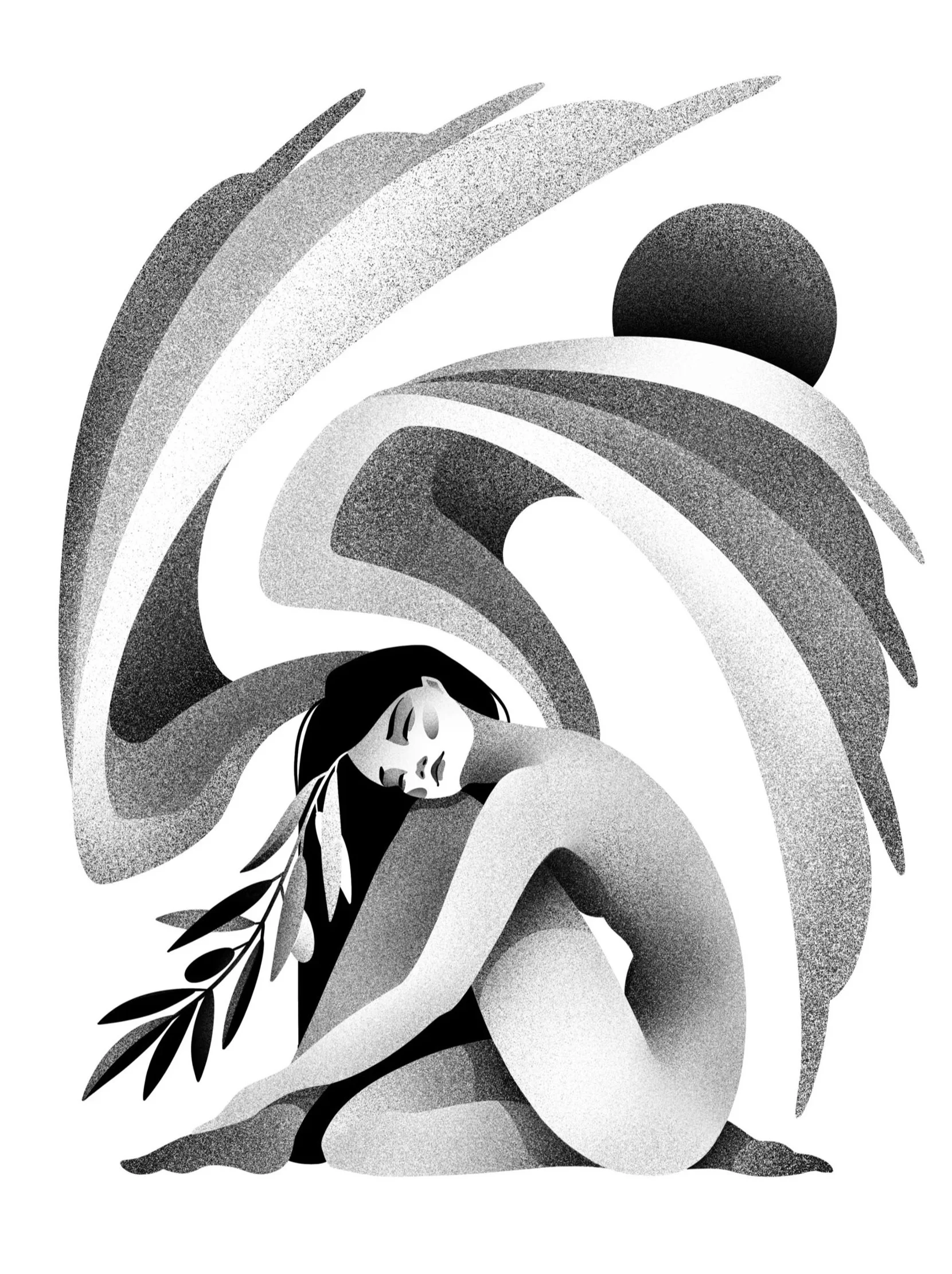 Black and white abstract illustration of an angel woman embracing herself, with flowing lines and olive leaves adding artistic details.