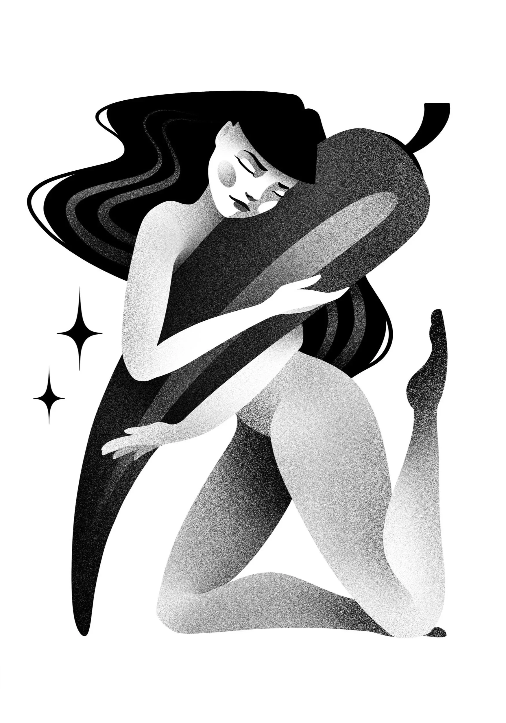 Black and white illustration of a woman embracing a spicy pepper, with stars around them.
