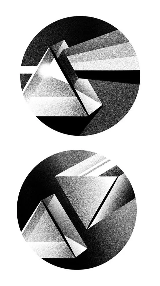 Two black and white circular abstract geometric art pieces with prism shapes and shading.