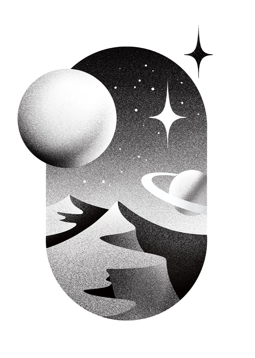 Black and white abstract space scene featuring planets, stars, and a rocky surface.