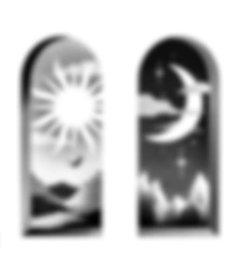 Two arched portals with artistic black and white illustrations of Peru mountains and a crescent moon and starry night mountains.