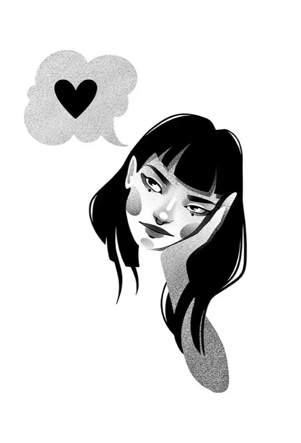 Black and white digital illustration of a woman with long dark hair, resting her head on her hand, with a thought bubble containing a black heart.