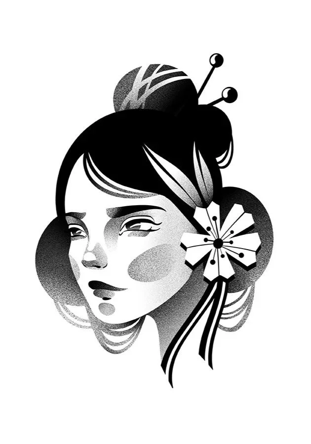 Illustration of a woman with traditional Japanese hair accessories, including a flower and decorative pins.
