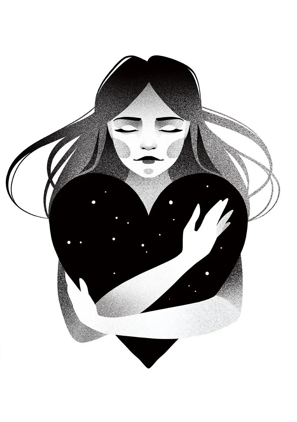 Black and white illustration of a woman with closed eyes, holding a heart-shaped object with starry sky pattern. Stippling whip shading dotwork blackwork tattoo design flash.