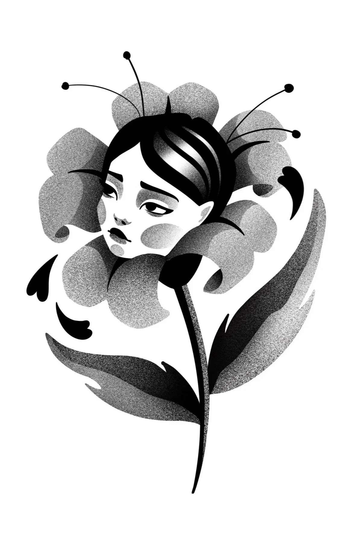 Black and white illustration of a flower with a woman's face as its center, surrounded by petals and leaves. Stippling whip shading dotwork blackwork tattoo design flash.