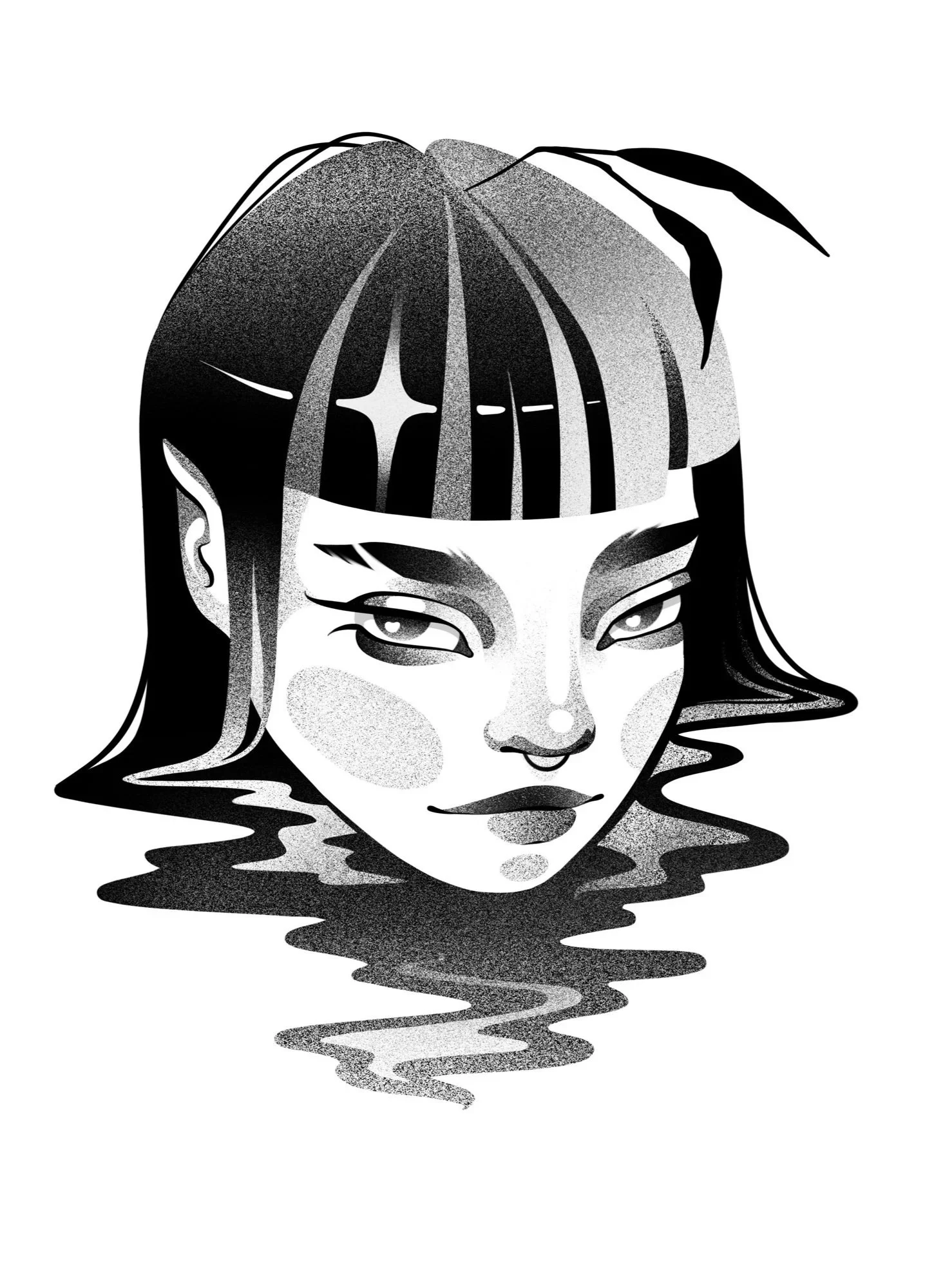 Black and white stylized illustration of a woman's face emerging from water. Stippling whip shading dotwork blackwork tattoo design flash.