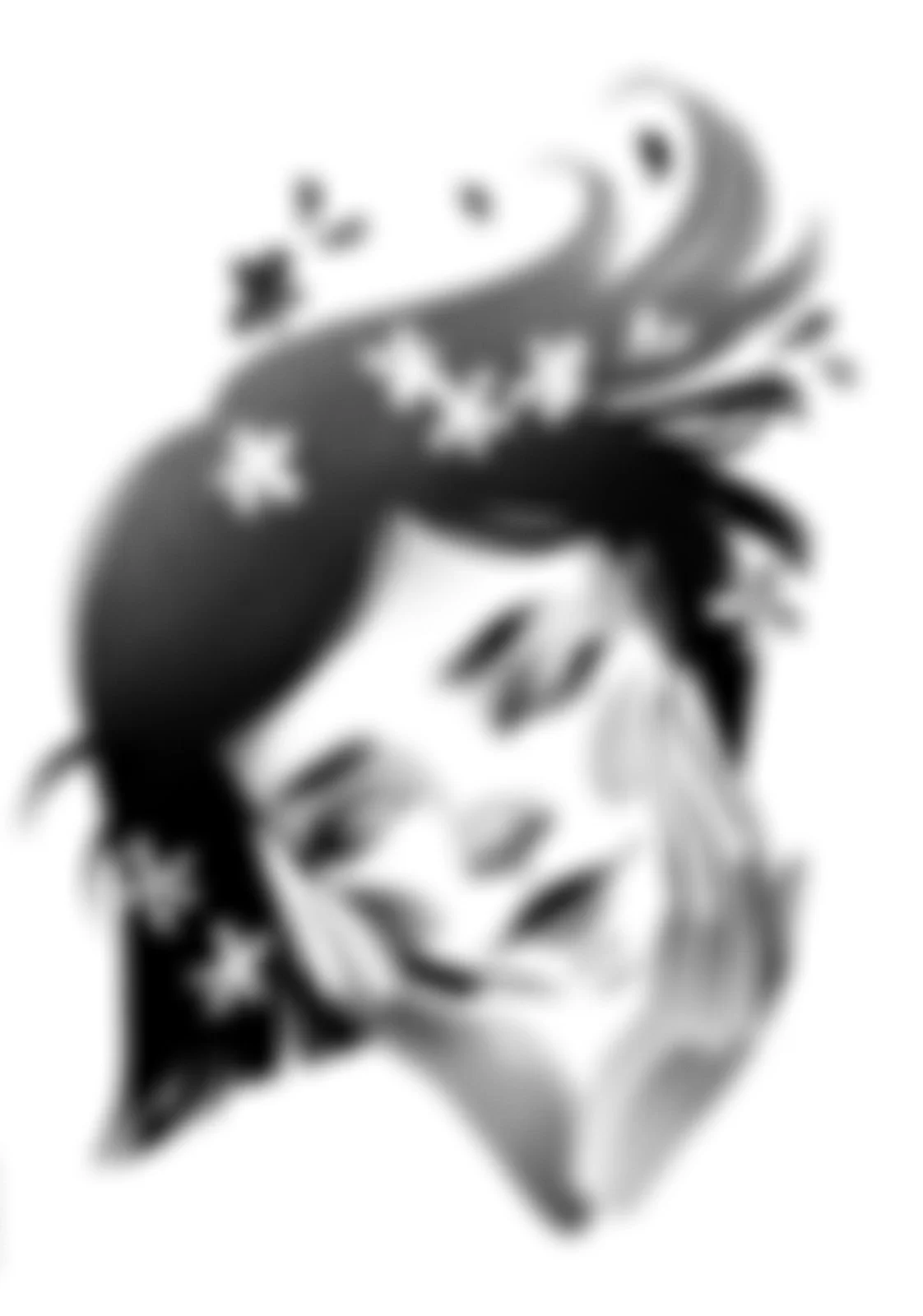 A close-up of a woman with flowy hair and flowers. Stippling whip shading dotwork blackwork tattoo design flash.
