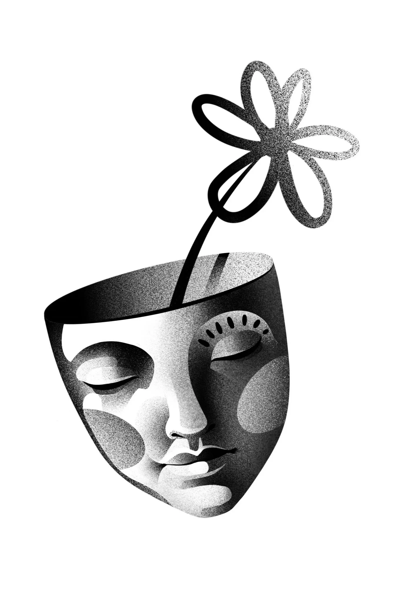 Black and white illustration of a human face with a calm expression, with a flower growing from the top of the head. empty head. Stippling whip shading dotwork blackwork tattoo design flash.