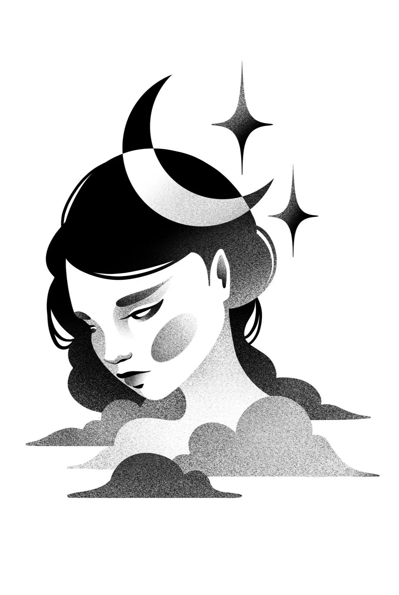 Black and white illustration of a woman with closed eyes, dark hair, and a crescent moon and stars above her head, suggesting a mystical or celestial theme. Stippling whip shading dotwork blackwork tattoo design flash.