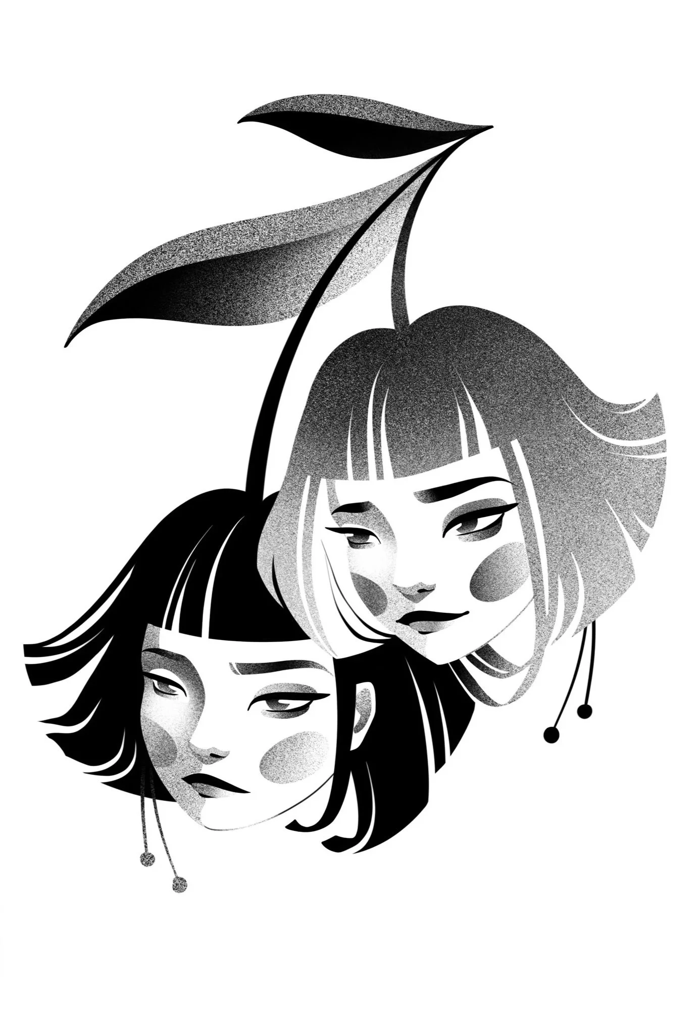 Black and white digital illustration of two women with bob haircuts with bangs, both with expressive eyes and detailed facial features, as cherries with a leaf pattern above them. Stippling whip shading dotwork blackwork tattoo design flash.