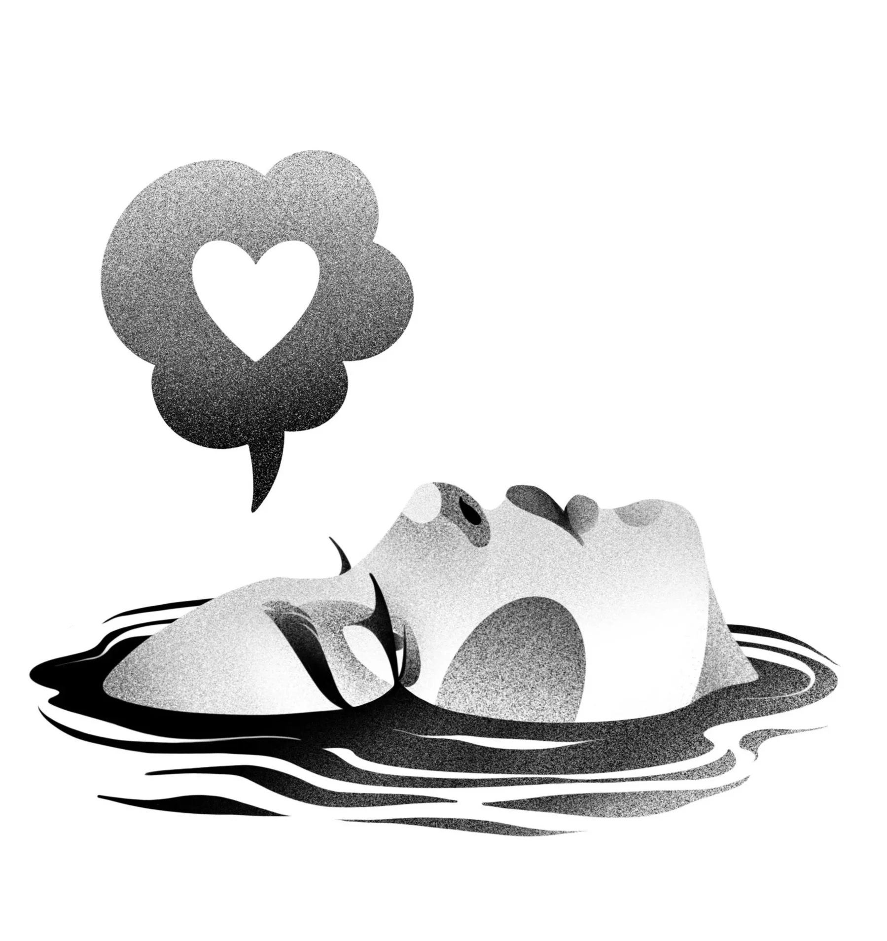 a woman's face floating above water, with a thought bubble containing a heart shape above her head. Stippling whip shading dotwork blackwork tattoo design flash.
