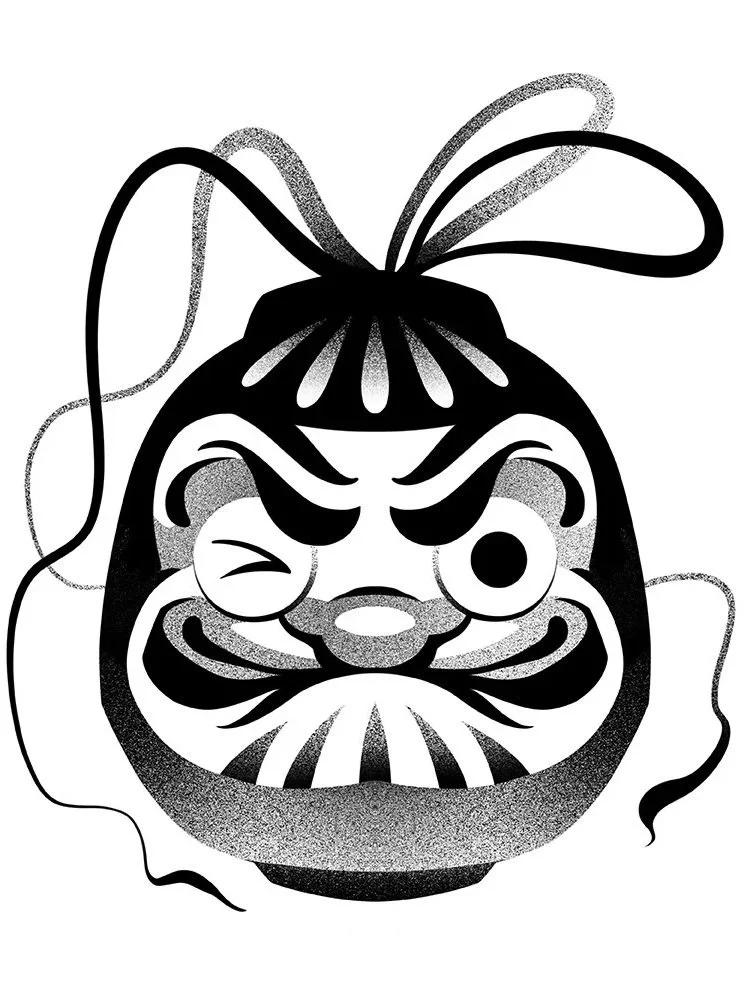 Black and white illustration of a traditional daruma doll with a fierce expression, prominent eyebrows, and decorative details.