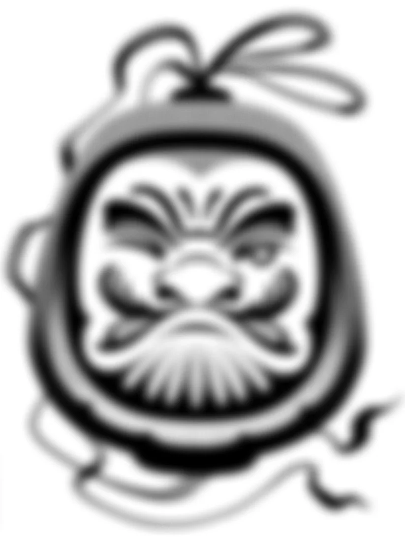 A stylized black and white drawing of a Japanese daruma doll with intricate patterns, surrounded by wavy ribbon-like elements at the top and bottom.