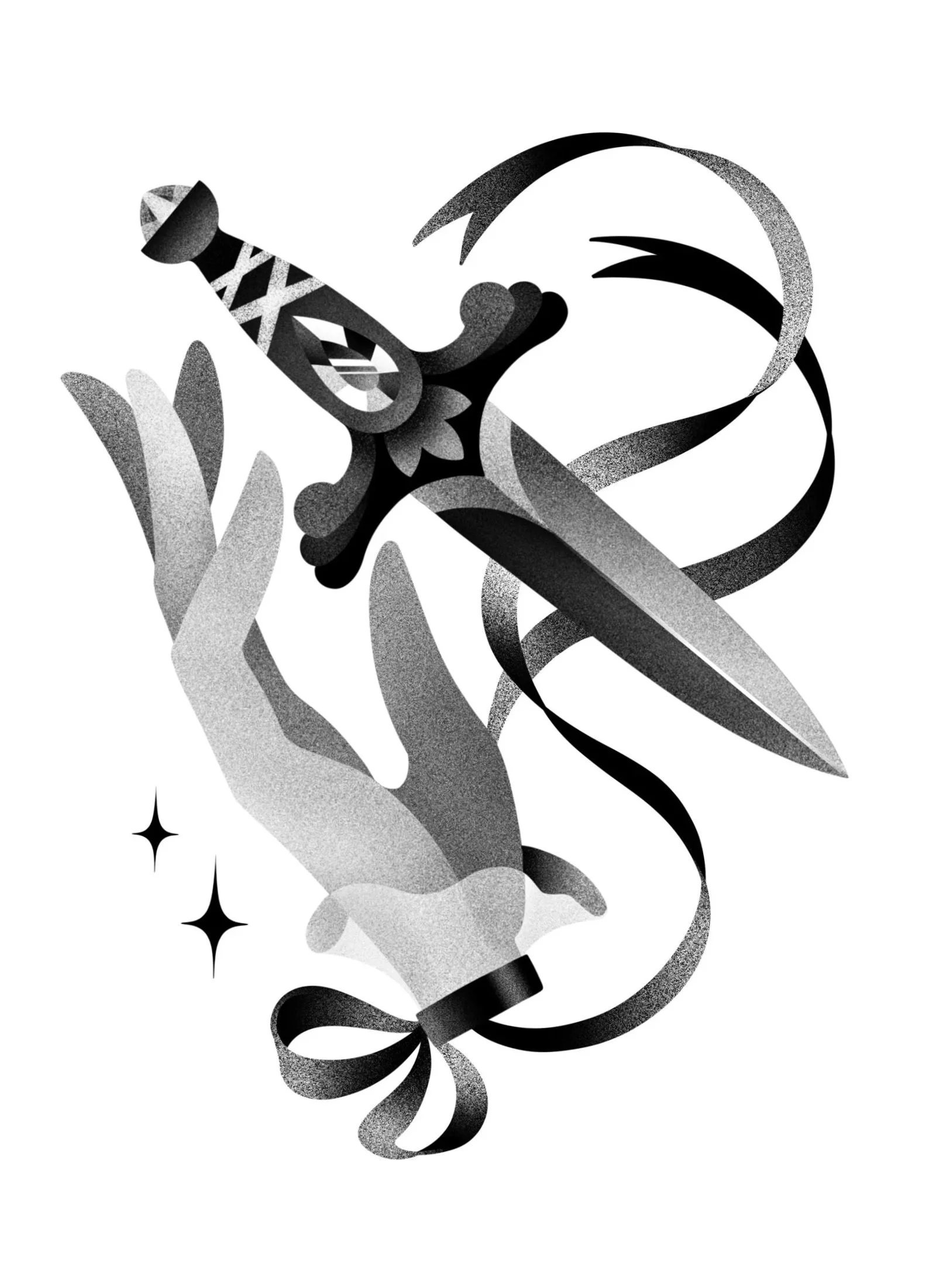 A stylized black and white illustration of a hand holding a rolled-up scroll tied with a ribbon, with the scroll's ribbon extending downward and stars near the hand.