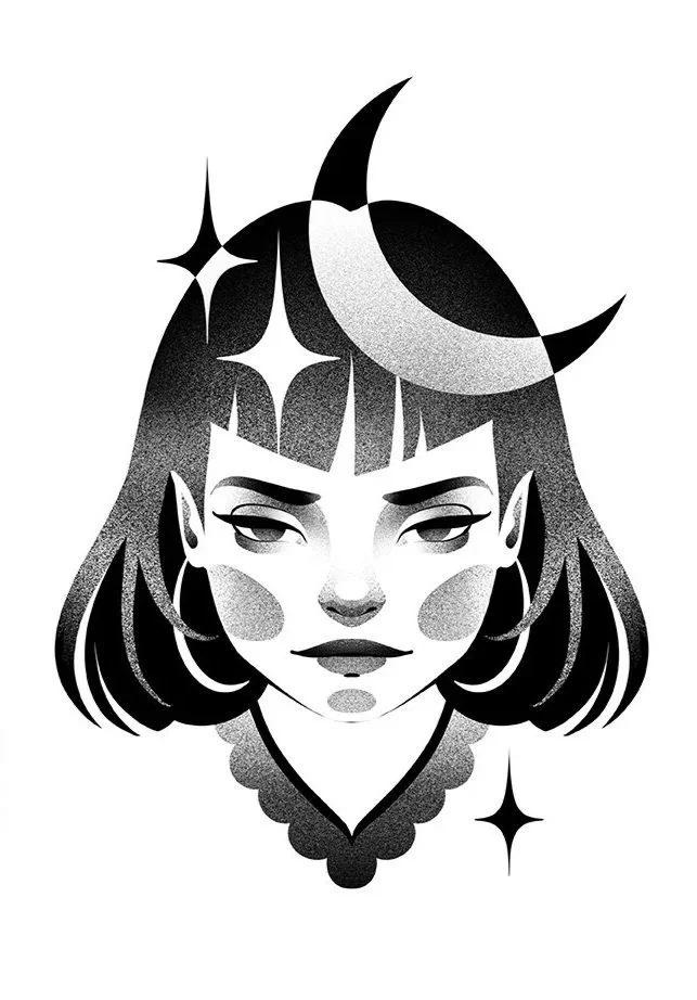 Black and white illustration of a woman's face with a crescent moon and sparkles in her hair.