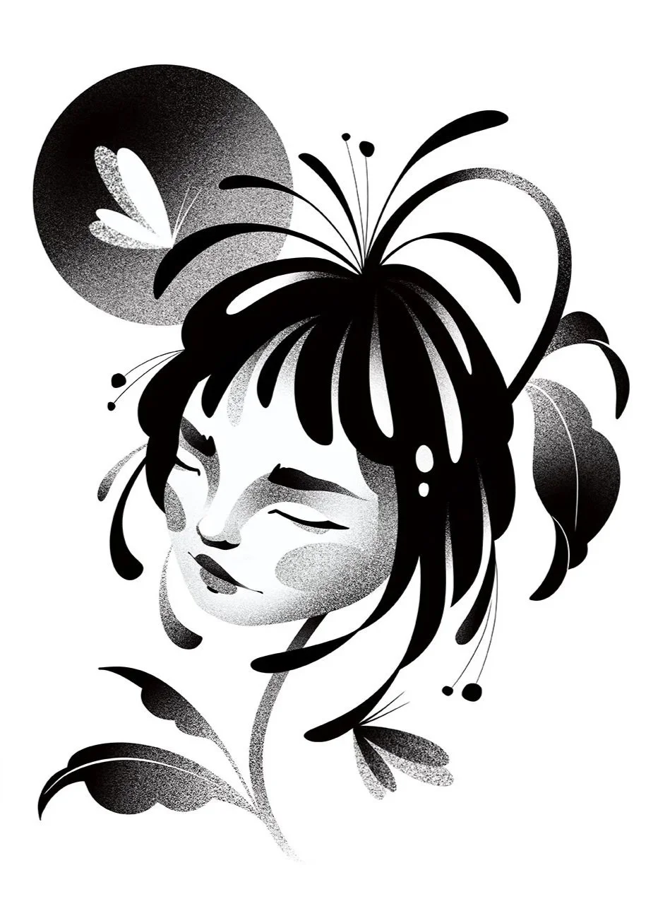 Black and white illustration of a woman's face with closed eyes and flowing hair, surrounded by abstract floral and butterfly elements.