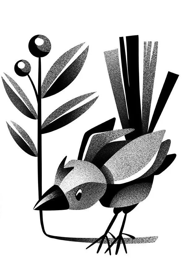 Black and white illustration of a bird perched on a branch with leaves and berries.