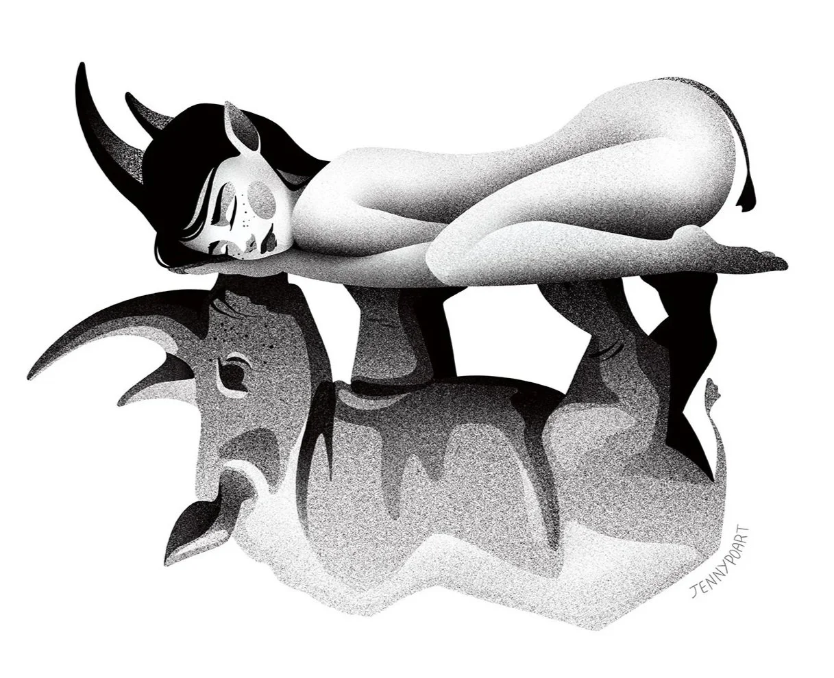Black and white digital illustration of a woman with rhino horns, lying on a rhino's back.