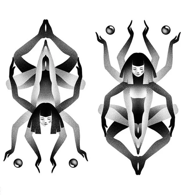 Symmetrical black and white abstract illustration of two women with multiple arms and spider-like features, with small spheres near their hands.