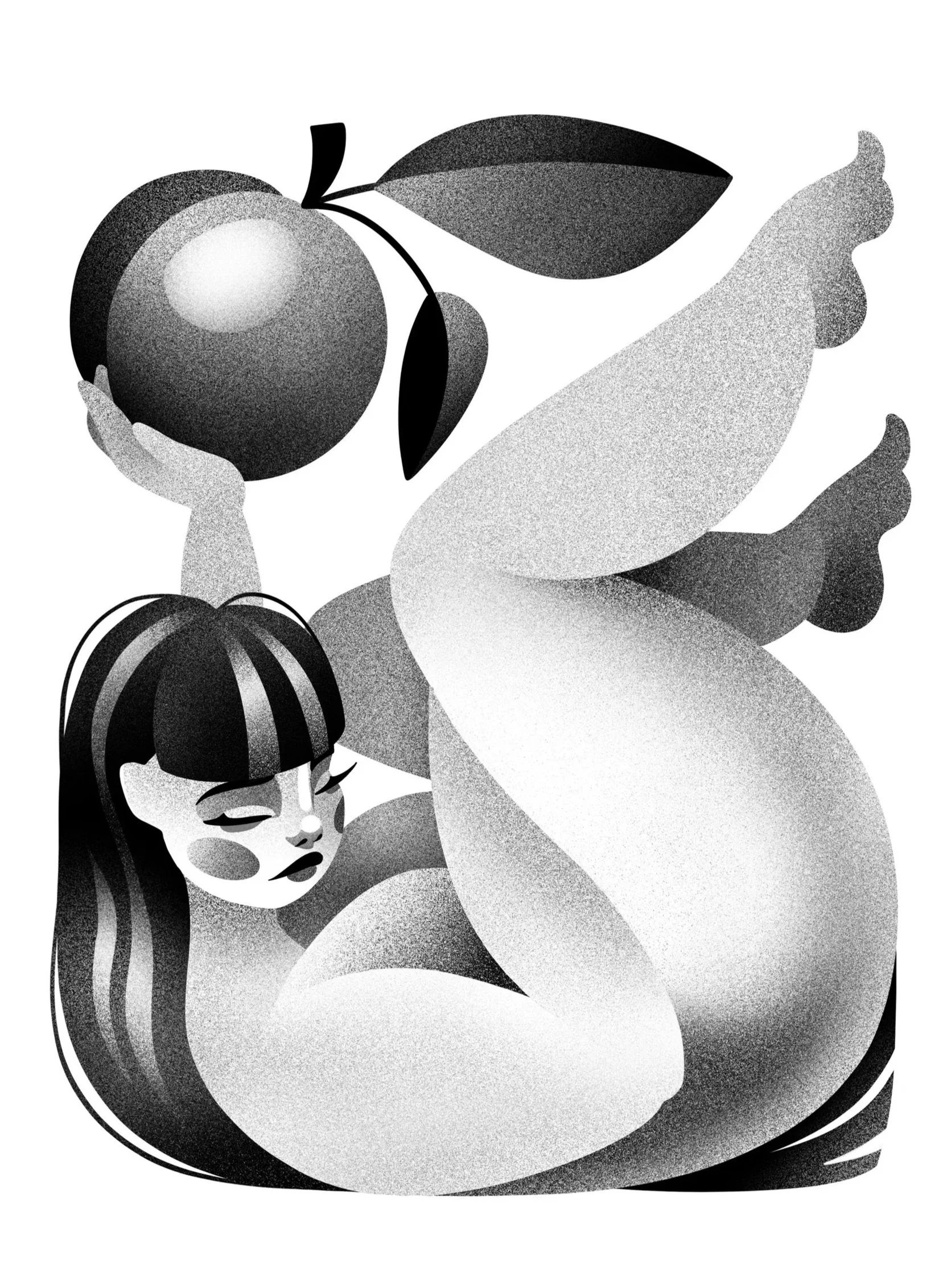 A black-and-white artistic illustration of a woman with closed eyes, long hair, and floral patterns, holding a large peach with a leaf attached.