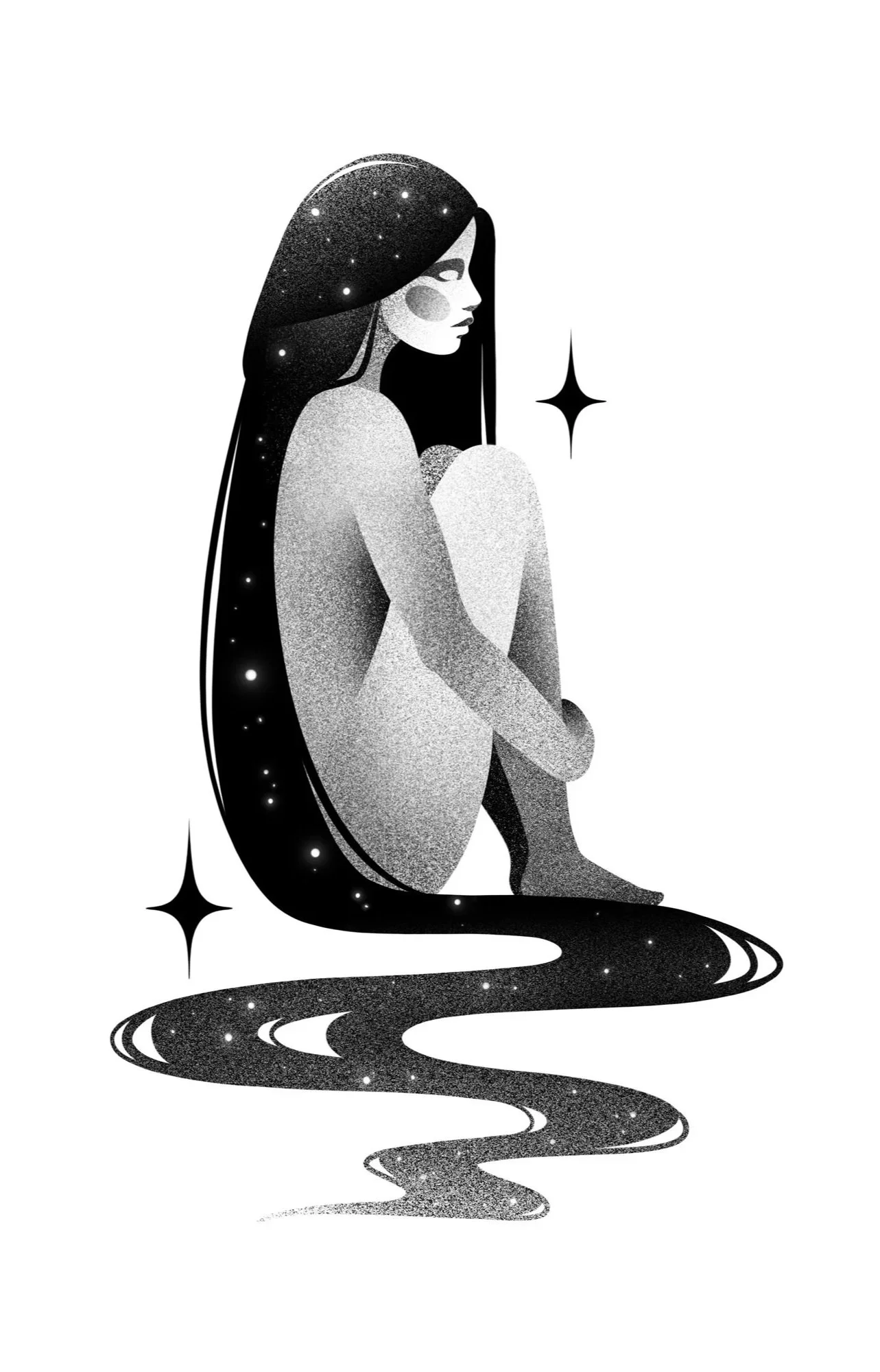 Black and white illustration of a woman sitting with her knees pulled up to her chest, her long hair flowing around her, sprinkled with stars and a galaxy-like appearance, with a star nearby, and a trail of starry, cosmic particles beneath her.