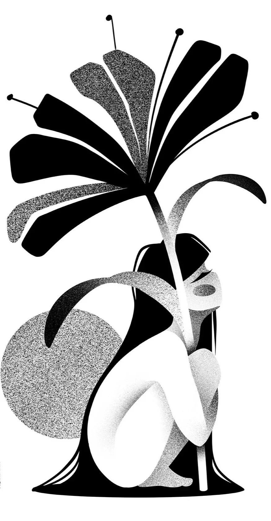 Black and white stylized illustration of a woman with long hair and a large sun or moon behind her, holding a large flower.
