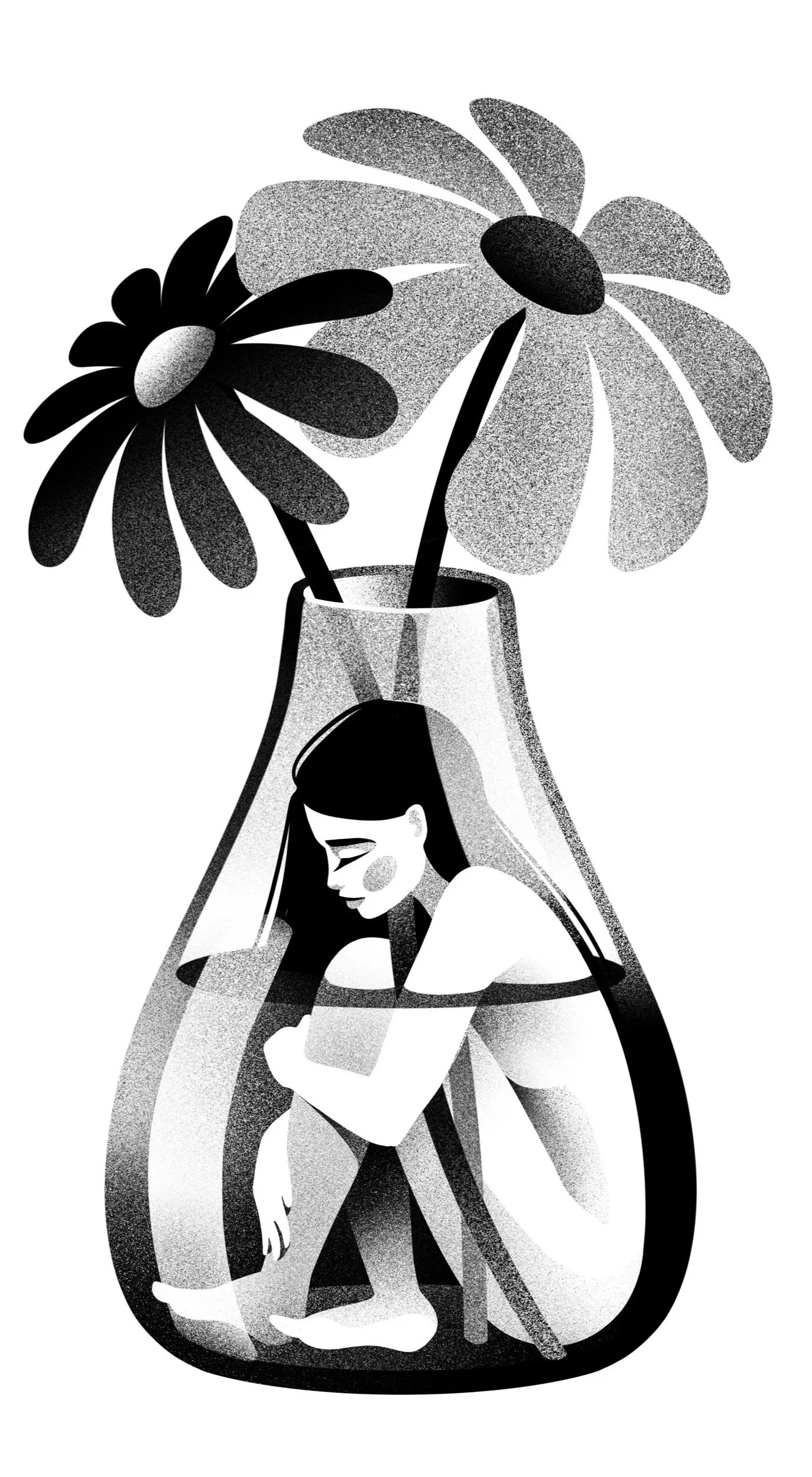 Black and white illustration of a woman with long dark hair sitting inside a transparent glass vase. The vase has large flowers with oval petals and dark centers extending above it, creating an artistic, surreal composition.