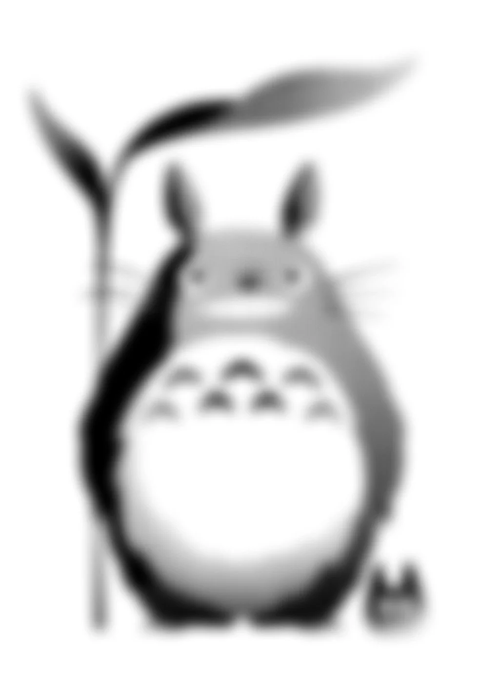 A black and white illustration of Totoro, holding a leaf and a tiny friend at its feet. Stippling whip shading dotwork blackwork tattoo design flash.