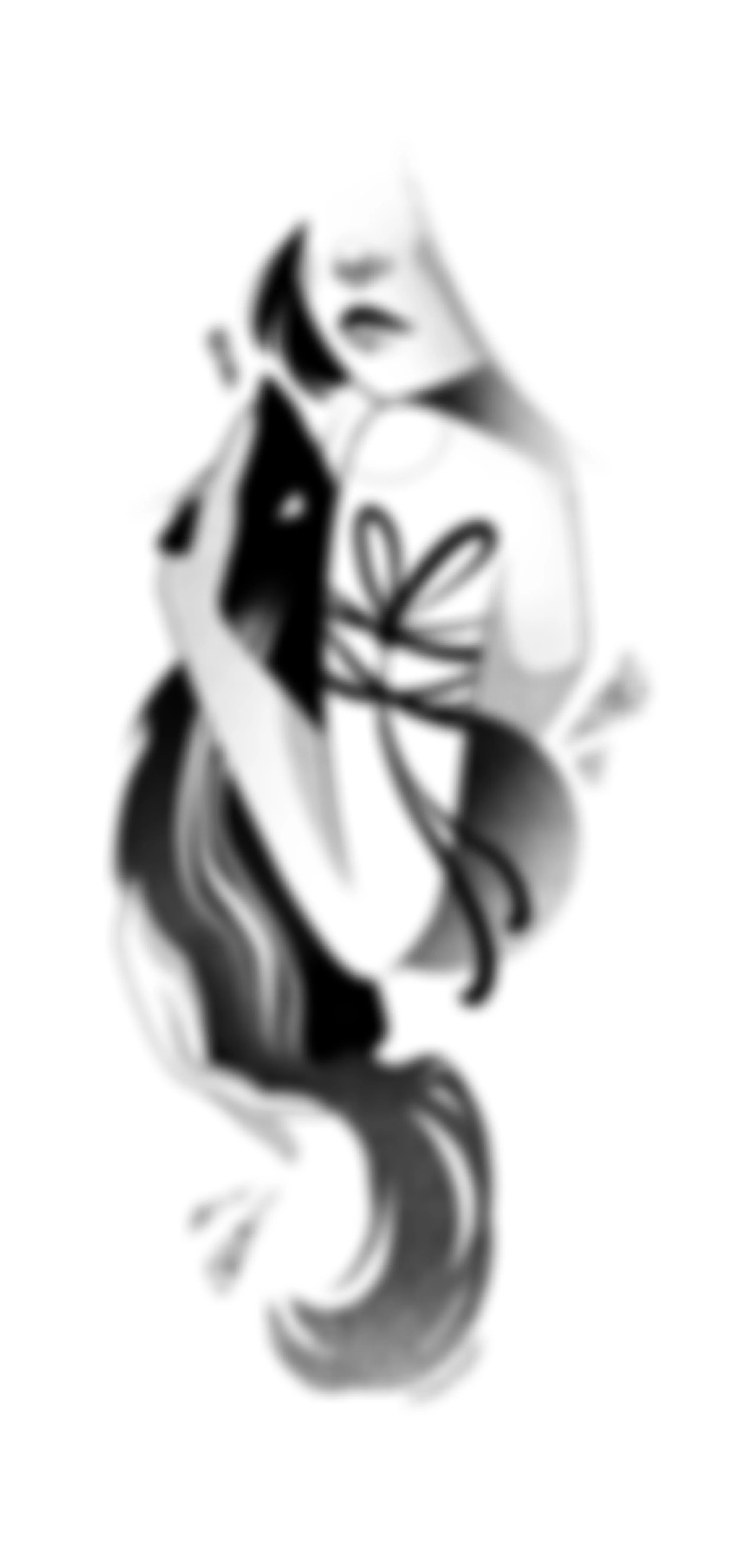 Black and white abstract artistic illustration of a woman with long hair, with her eyes closed hugging a black cat, reflecting a contemplative expression. Stippling whip shading dotwork blackwork tattoo design flash.