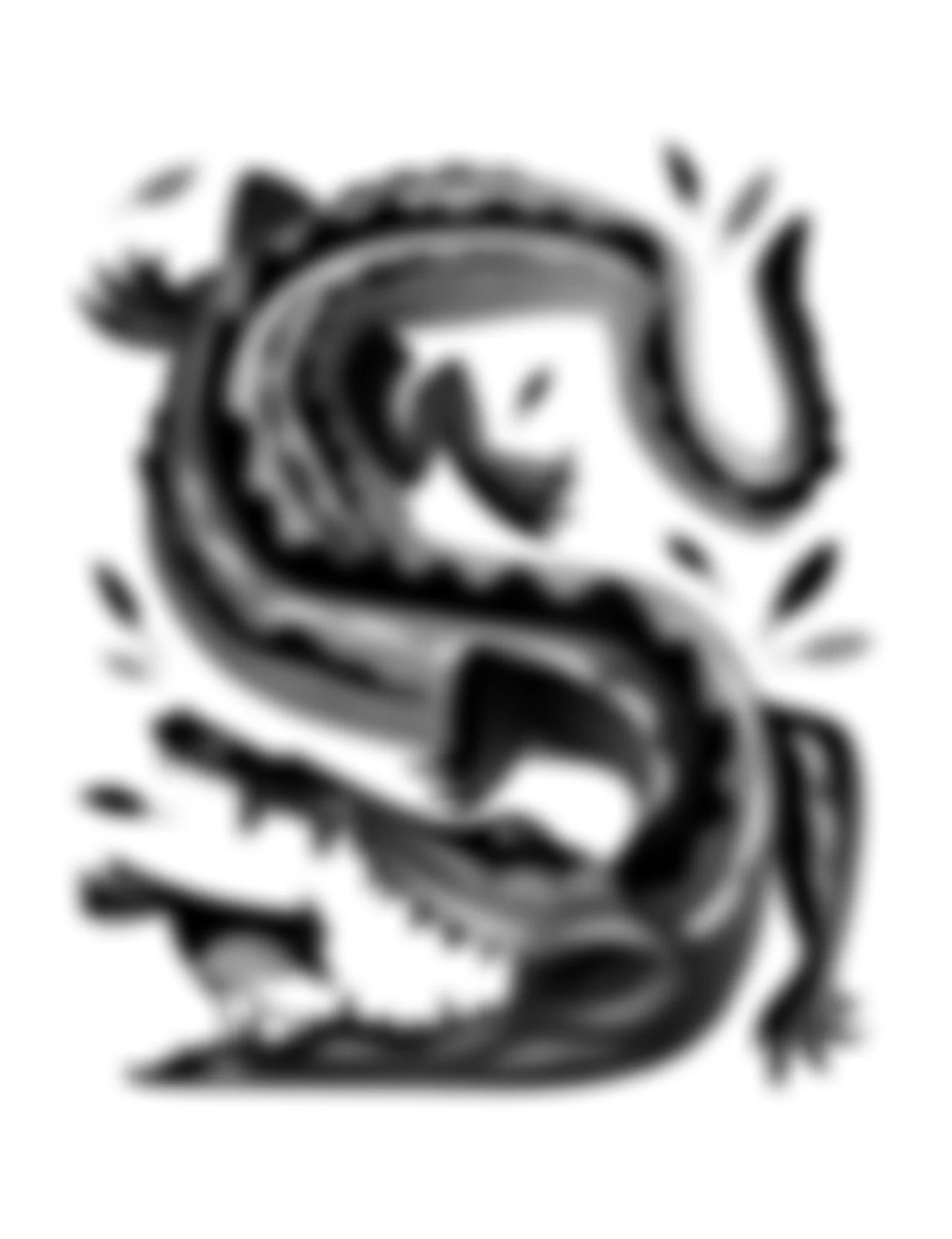A black and white spiral alligator pattern with a bird in it's mouth, and flowing leaves around it. Stippling whip shading dotwork blackwork tattoo design flash.  קעקועים תל אביב שחור לבן אפור סטיפלינג דוטוורק