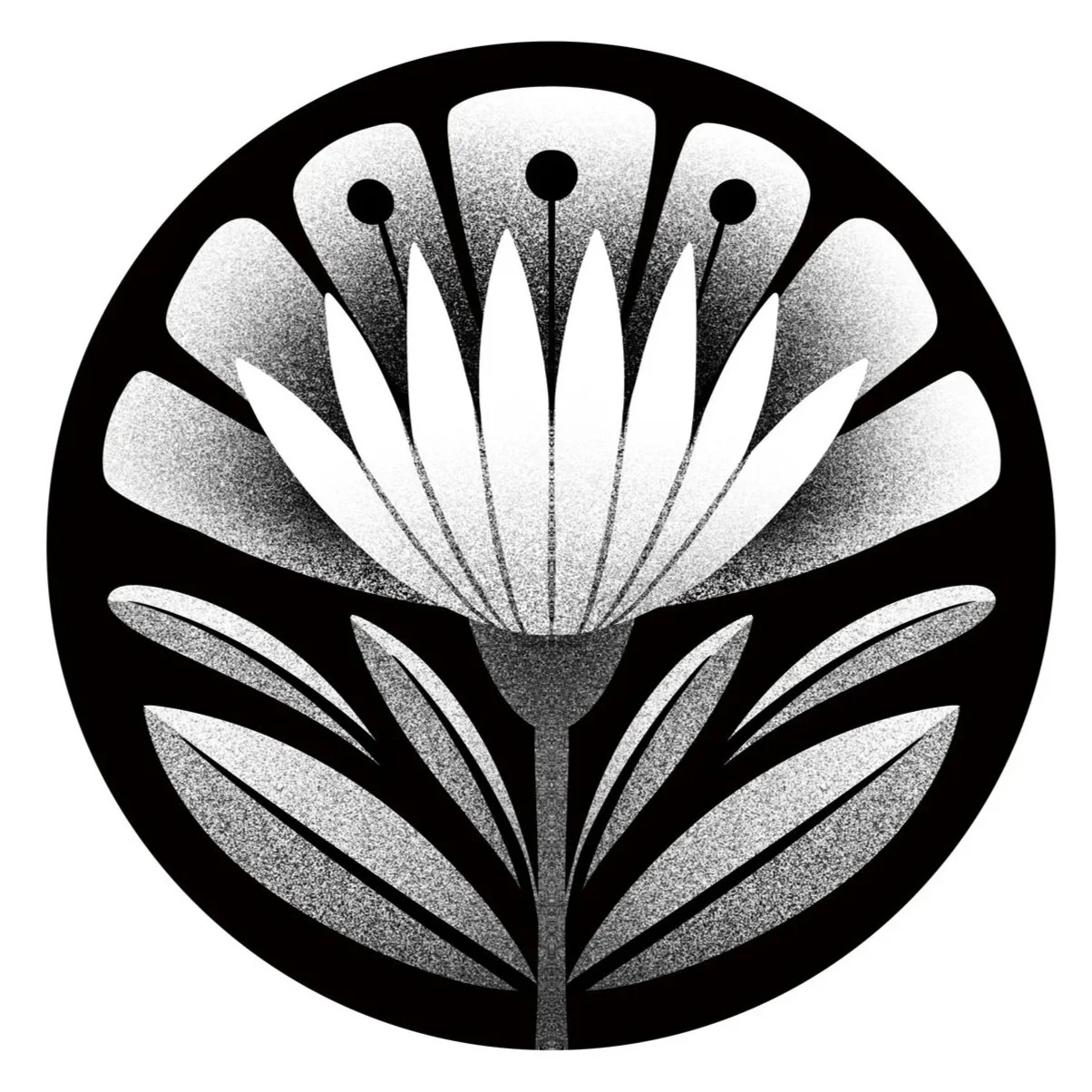 Black and white circular floral design with a large flower at the center and leaves below, stylized with gradient shading.