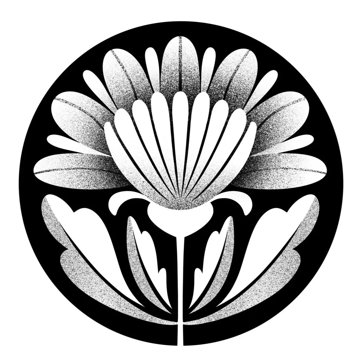 Black and white floral design with symmetrical petals and leaves, circular composition.