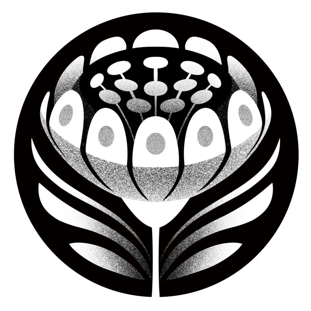 A black and white floral pattern with a circular design resembling a stylized flower or botanical motif. Stippling whip shading dotwork blackwork tattoo design flash.  קעקועים תל אביב שחור לבן אפור סטיפלינג דוטוורק