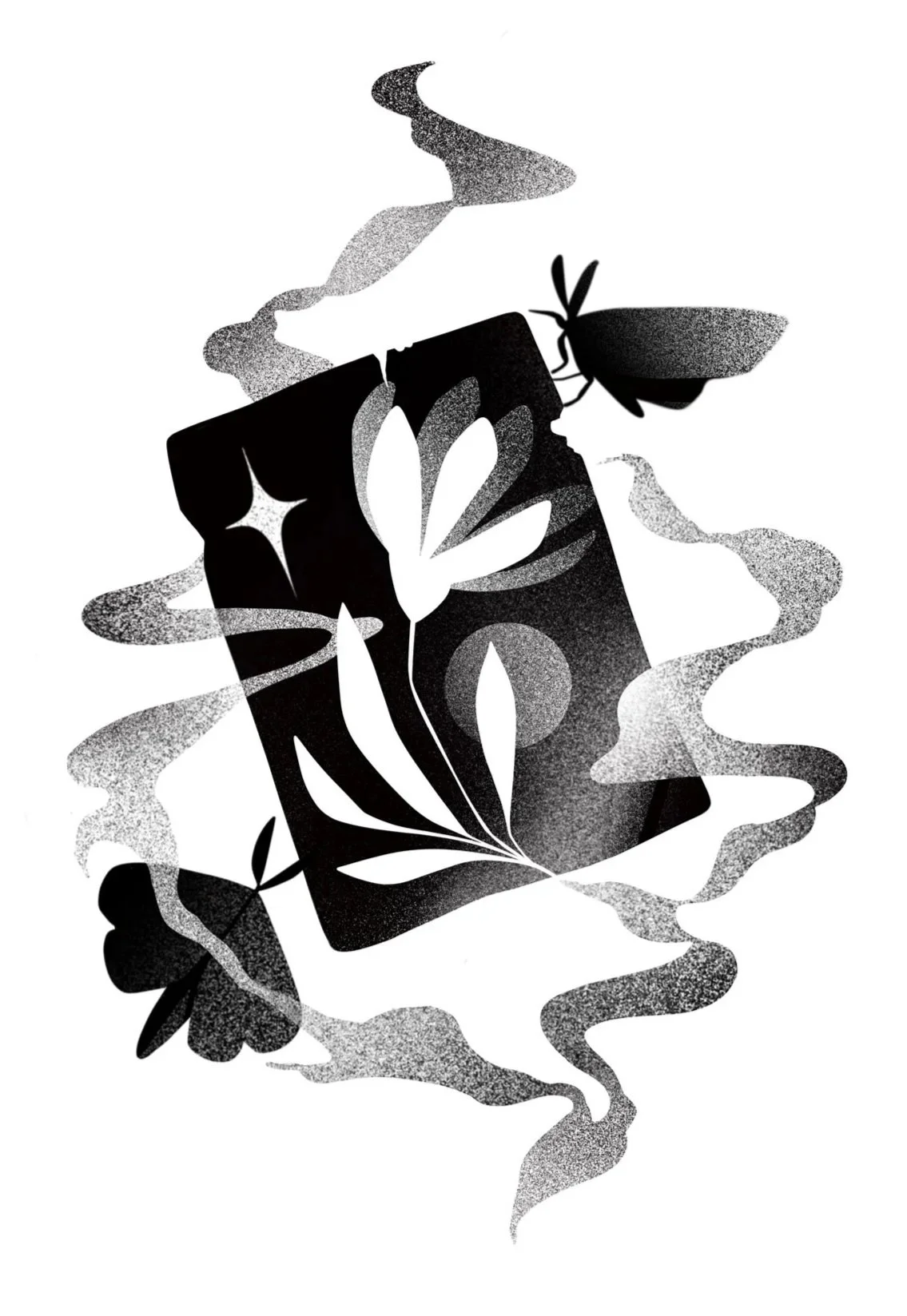 Black and white tattoo-style illustration of a card with floral and leaf design, surrounded by smoke and moth.