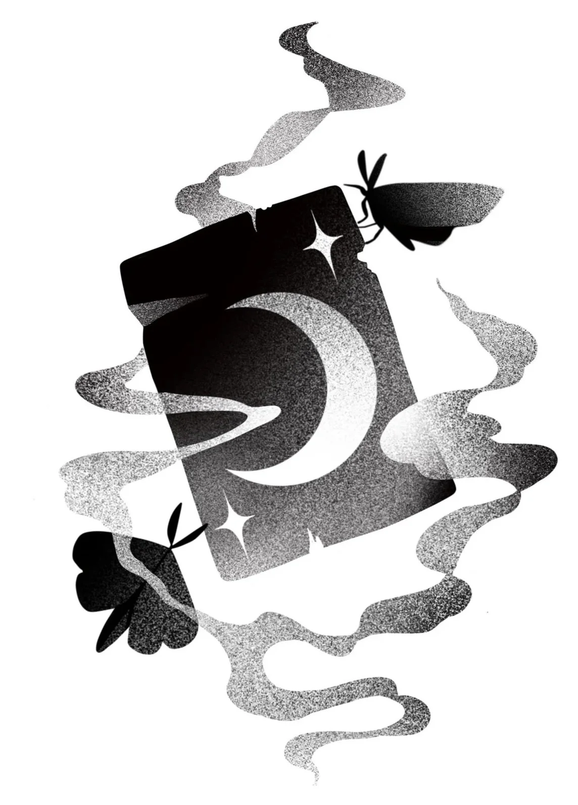 Black and white graphic featuring a card with stars and crescent moon shapes, surrounded by smoke-like swirls and butterflies. Stippling whip shading dotwork blackwork tattoo design flash.