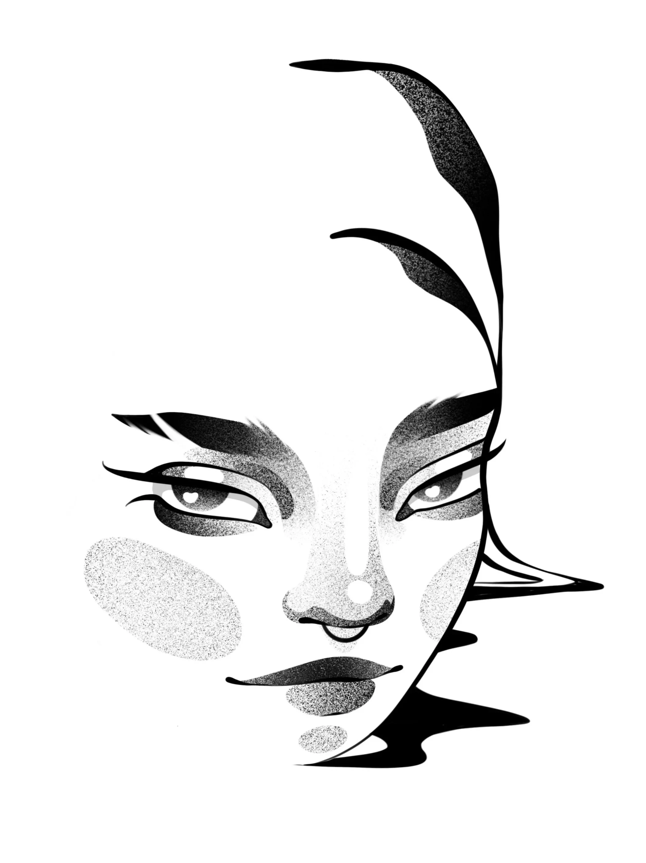 Black and white stylized illustration of a woman's face with intense eyes, featuring abstract patterns and leaves. tattoo design,  קעקועים תל אביב שחור לבן אפור סטיפלינג דוטוורק