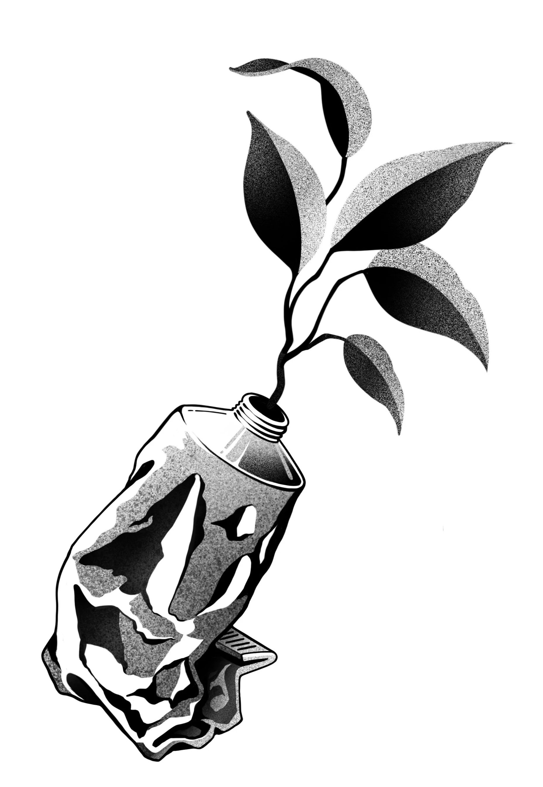 stippling Black and white tattoo design illustration of a squeezed color tube, with a plant growing out of it.  קעקועים תל אביב שחור לבן אפור סטיפלינג דוטוורק